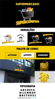 Criação de Logotipo Identidade Visual Logomarca de supermercado com carrinho nas cores amarelo e preto e branco estilo acessível e barato e divertido
