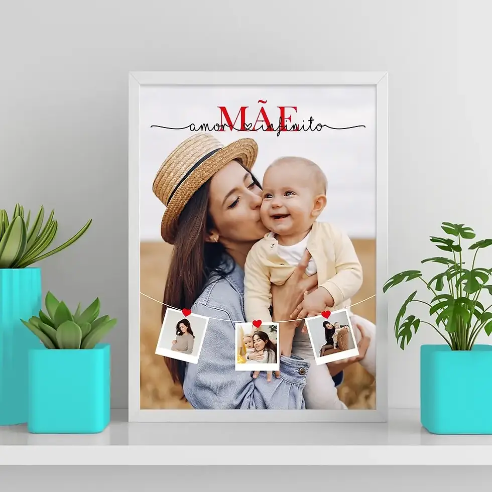 Arte digital para quadro decorativo para imprimir com frase Mãe Amor Infinito com Varal de Polaroids com 4 fotos para presente de dia das mães