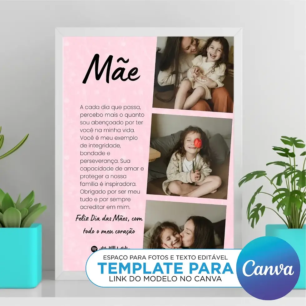 Arte Digital Imagem para Quadro Personalizado com fotos Presente de Dia das Mães para imprimir Template Canva Editável Mamãe
