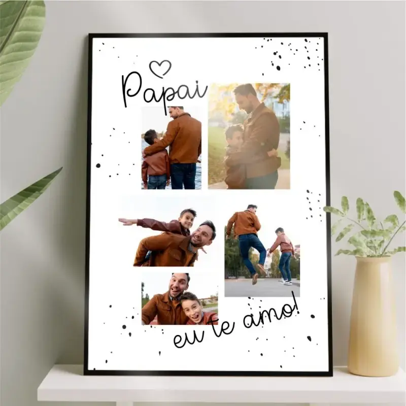 Arte digital para quadro decorativo para imprimir com frase Papai eu te amo com 5 fotos para presente de dia dos pais