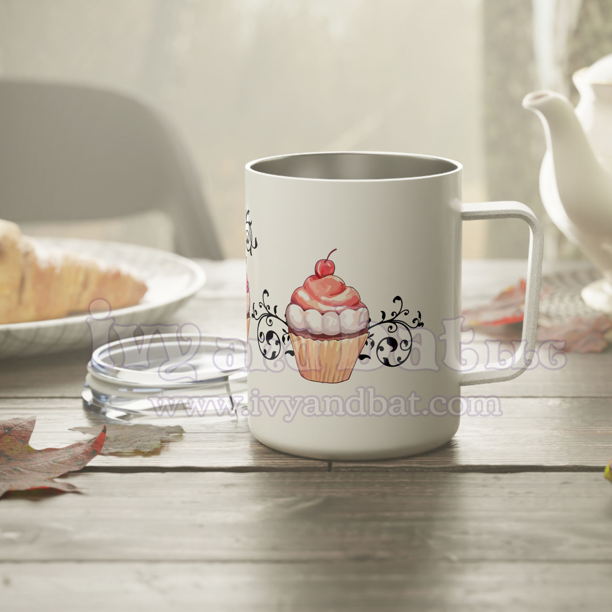 Filigree Cupcakes Insulated Coffee Mug  by Ivy and Bat