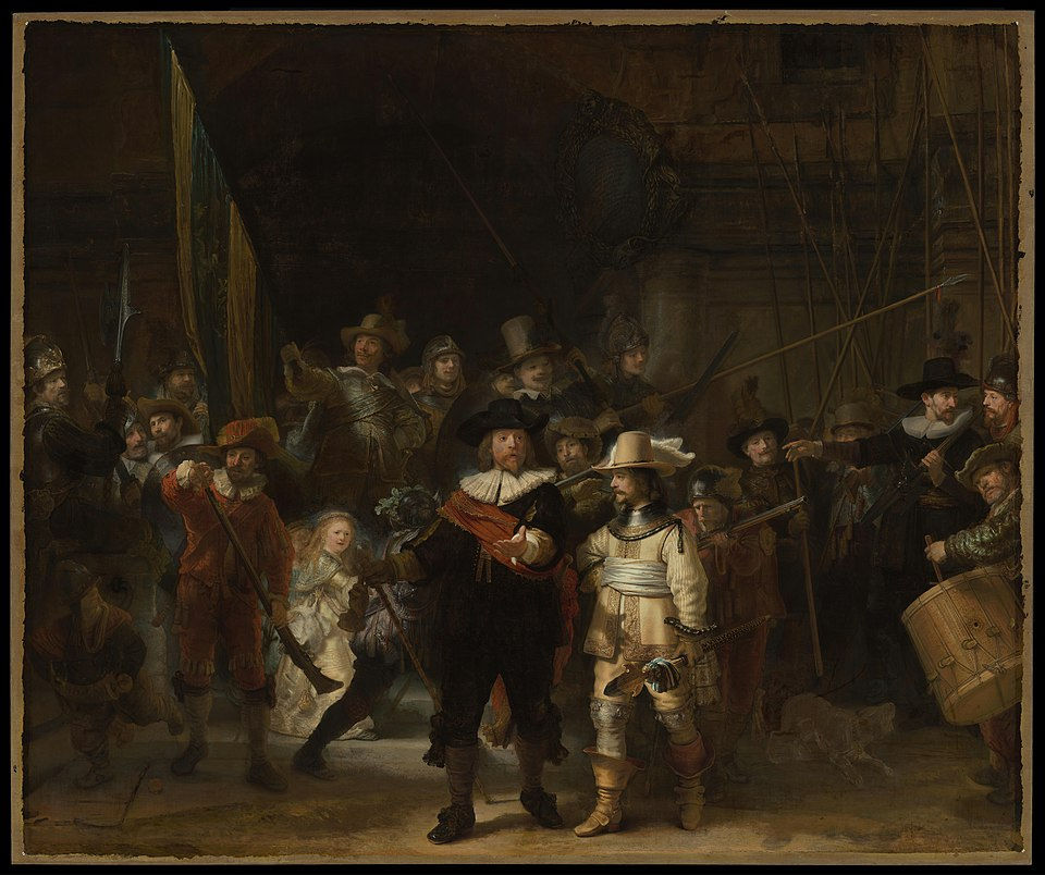 Eye-level view of a large historic painting depicting a group of armed guards
