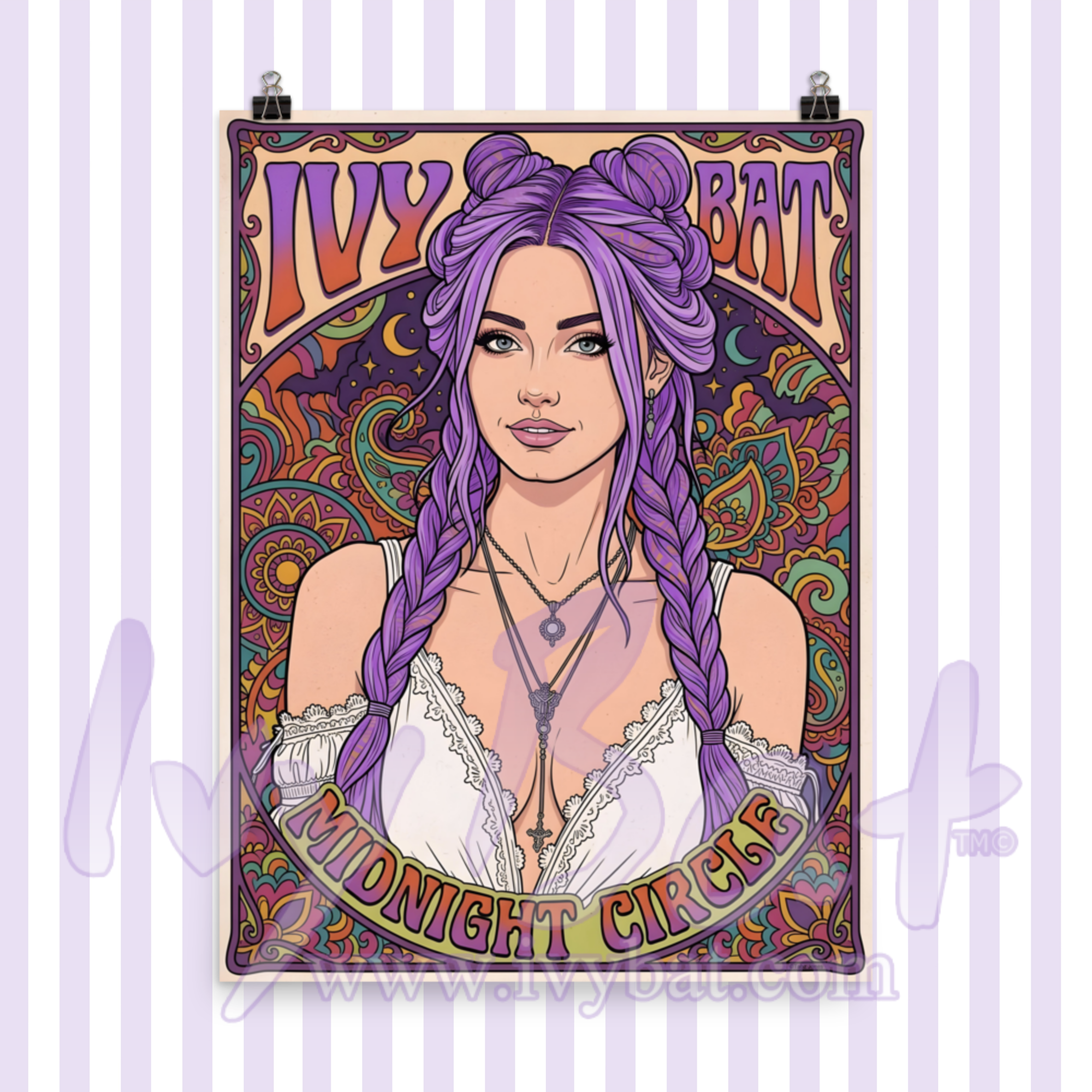 Ivy Bat Midnight Circle Retro Paisley Poster