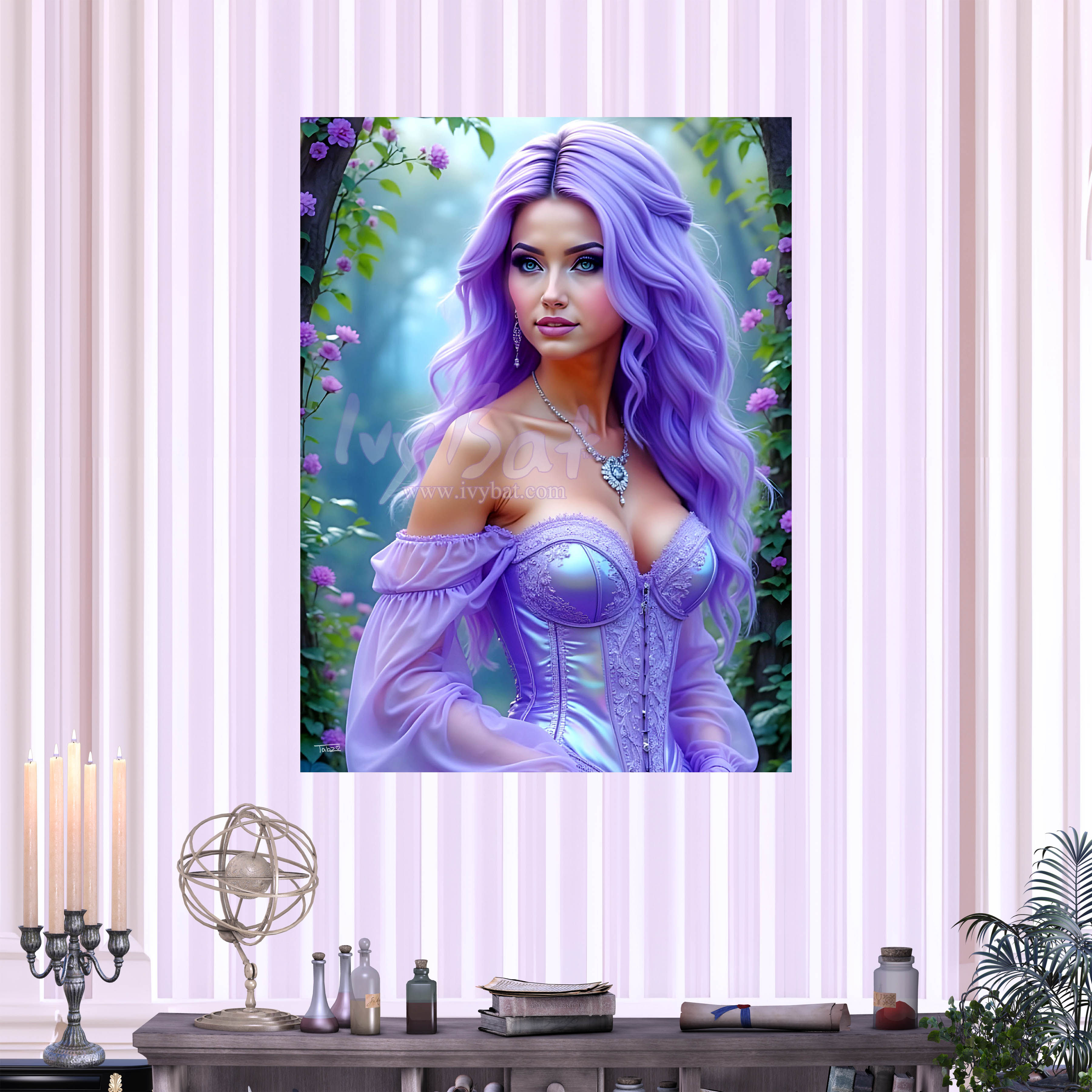 Ivy Bat Fantasy Portrait Poster — Purple-Haired Enchantress Rolled Art Print