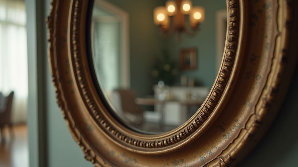 Close-up of a vintage mirror with an ornate frame reflecting a stylish interior