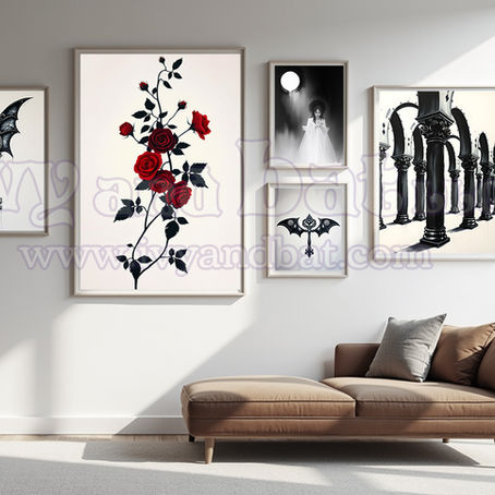 A stylish gallery wall showcasing Gothic art prints in a modern setting
