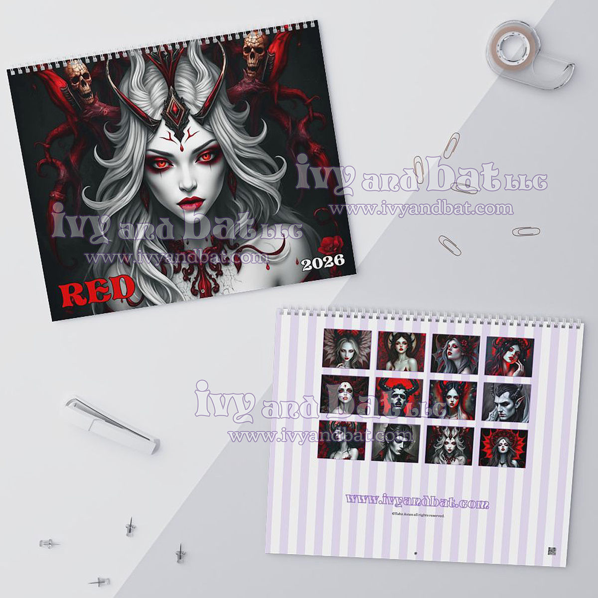 Red Series Gothic Art Wall Calendar 2026 Dark Vampire Portraits Monthly Planner