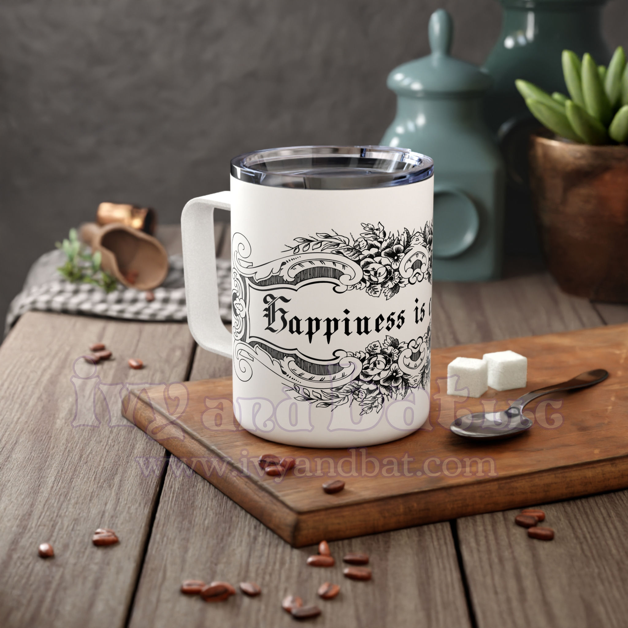  "Happiness is Contagious" Insulated Coffee Mug  by Ivy and Bat