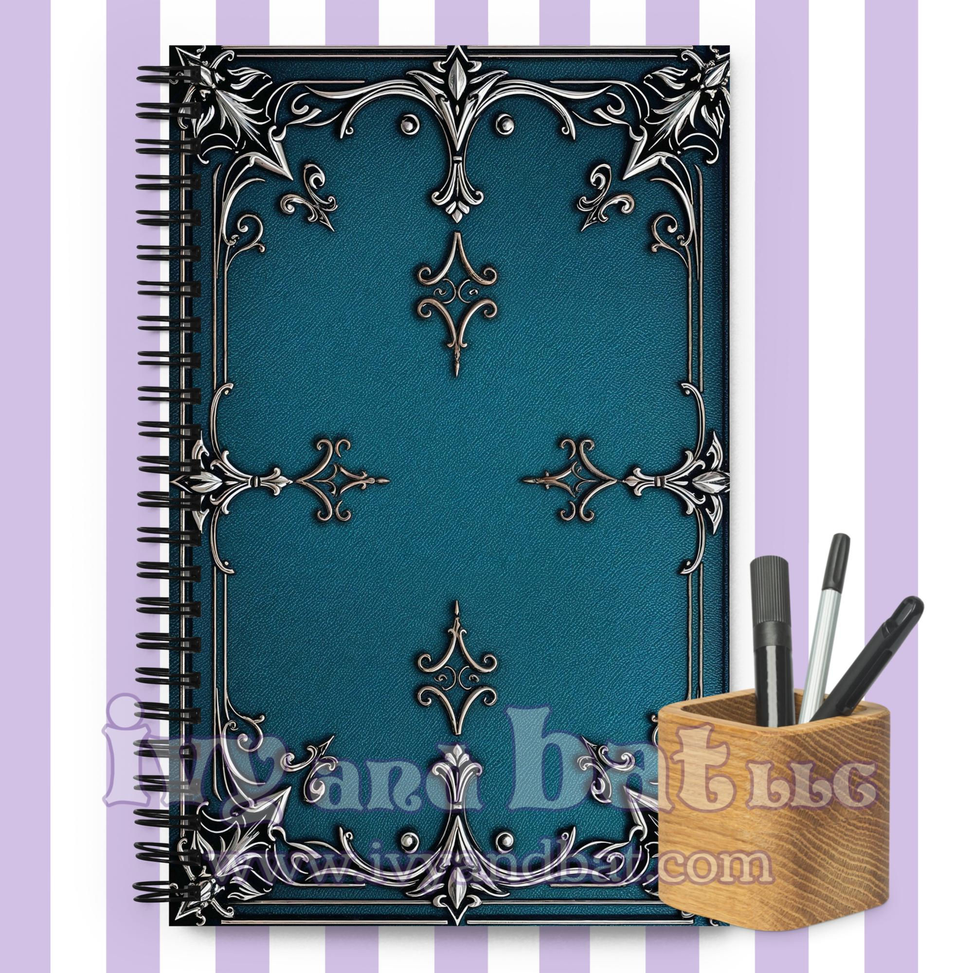 Silver Filigree Ocean Blue Leather Print Spiral Notebook