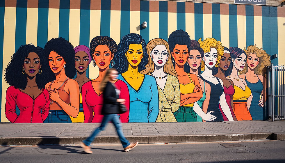Pedestrians pass a colorful mural of stylized women on a city wall, bright teal, orange, yellow and pink tones.