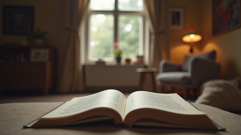 Eye-level view of a cozy reading nook with a stack of books