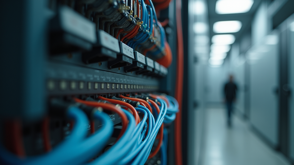 Close-up view of a modern electrical panel with neatly organized wires