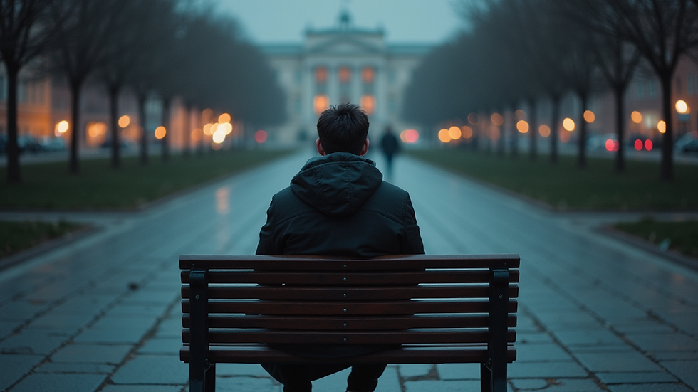 Eye-level view of a person sitting alone on a bench with a smartphone turned off