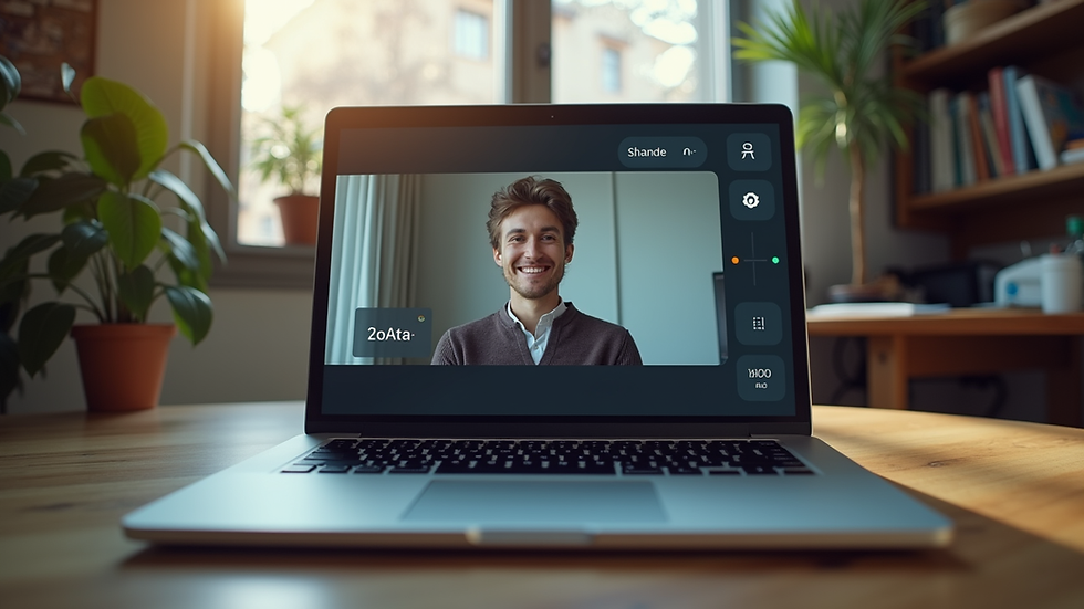 Eye-level view of a laptop on a desk with a video call interface