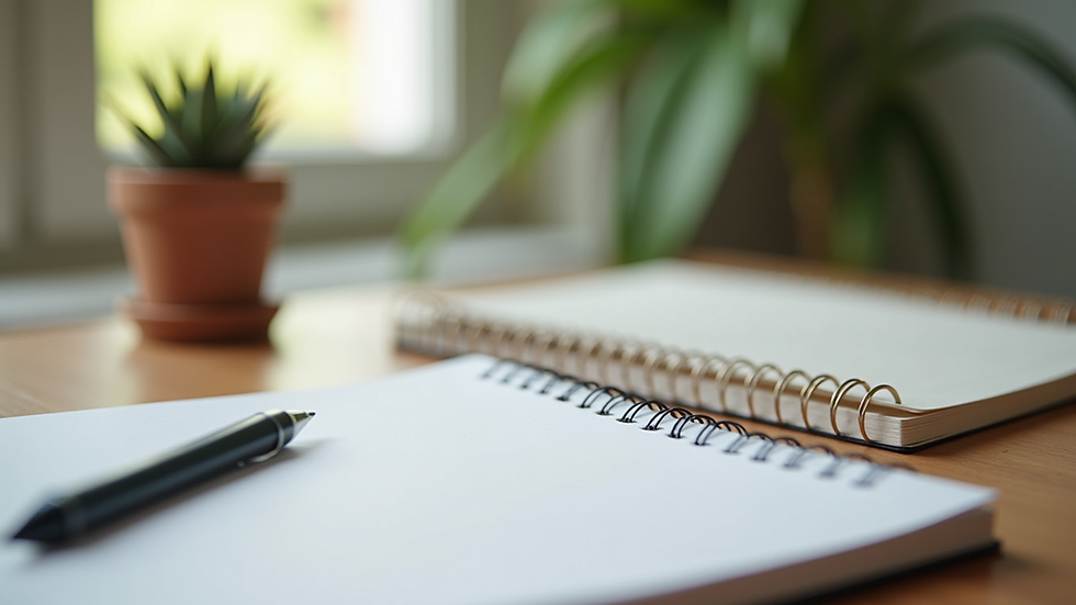 Close-up view of a serene workspace with a plant and a notebook
