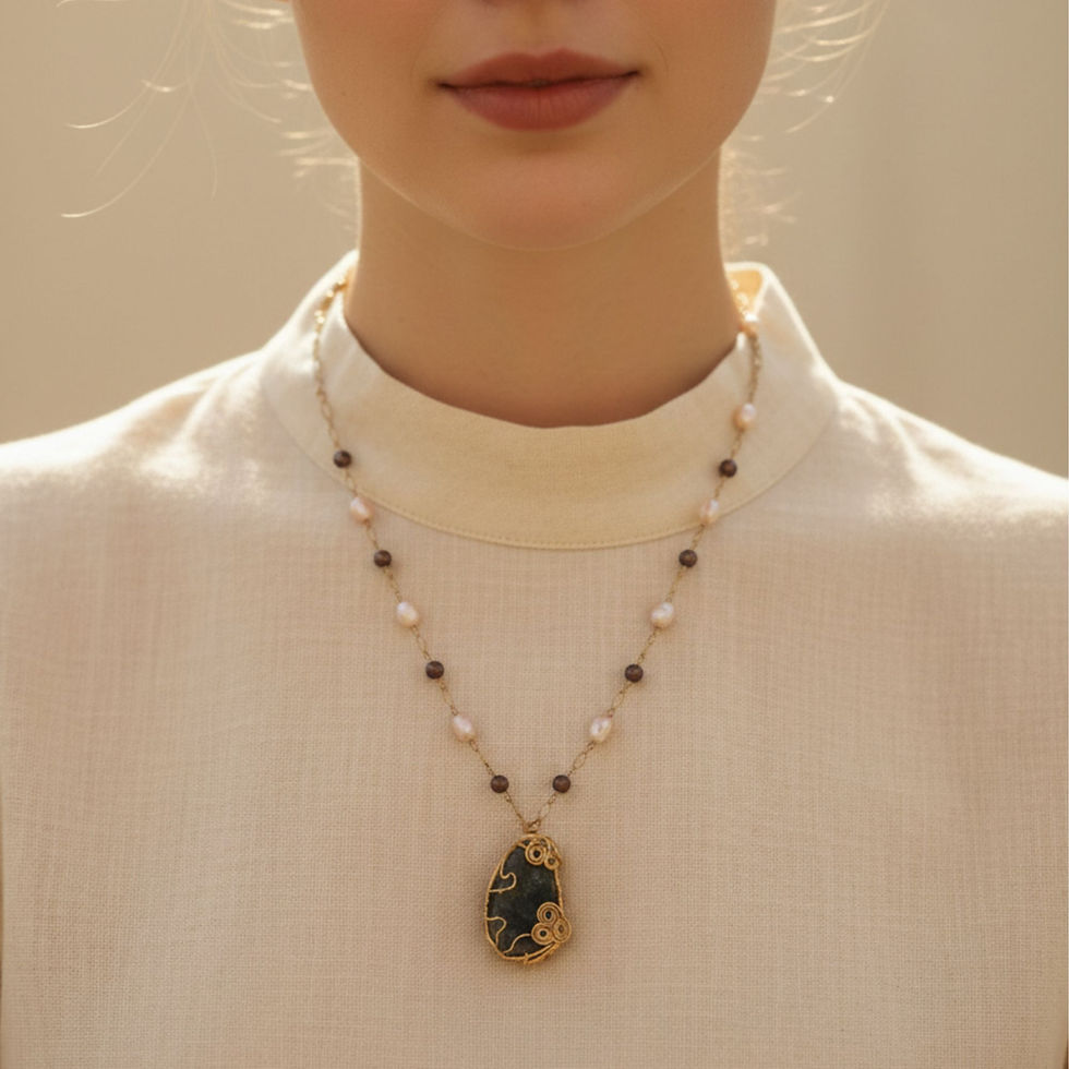 שרשרת אגט דרוז ופנינים בעבודת יד על דוגמנית - Nava Art Jewelry