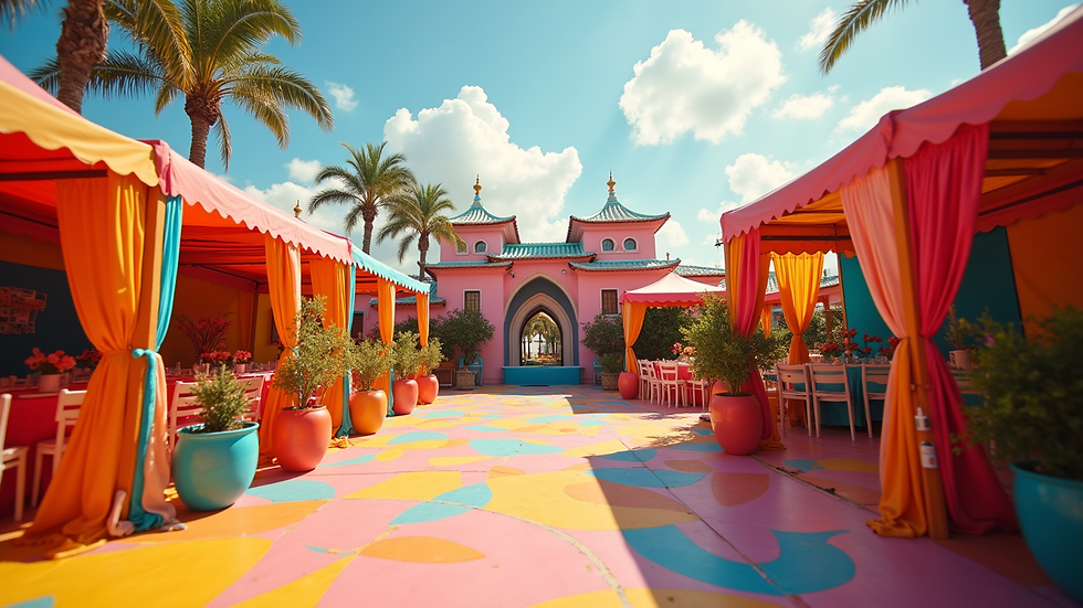 Wide angle view of a vibrant outdoor event space with colorful decorations