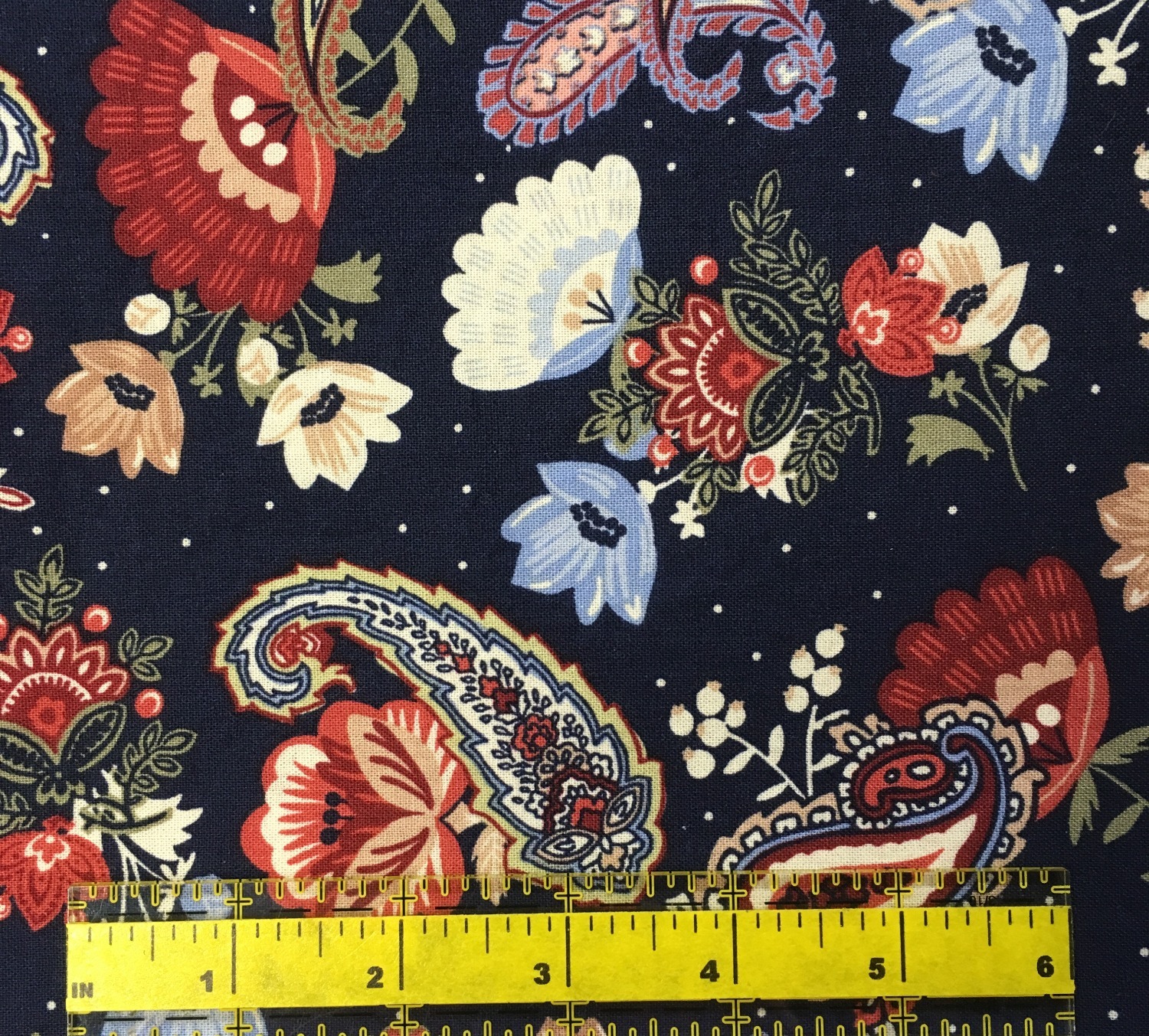 Flowers and paisley on navy