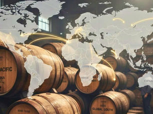 Aged single malt Scotch casks stacked in a distillery warehouse