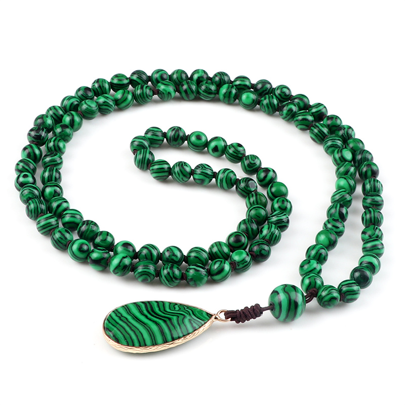 Green malachite 6mm knotted mala necklace with teardrop pendant