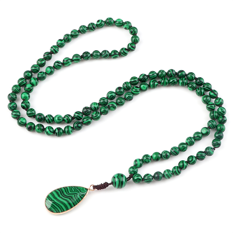 Full length view of the 108-bead malachite rosary necklace