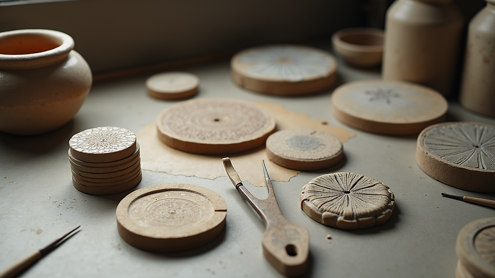 High angle view of an encaustic art workshop with ceramic pieces and wax tools