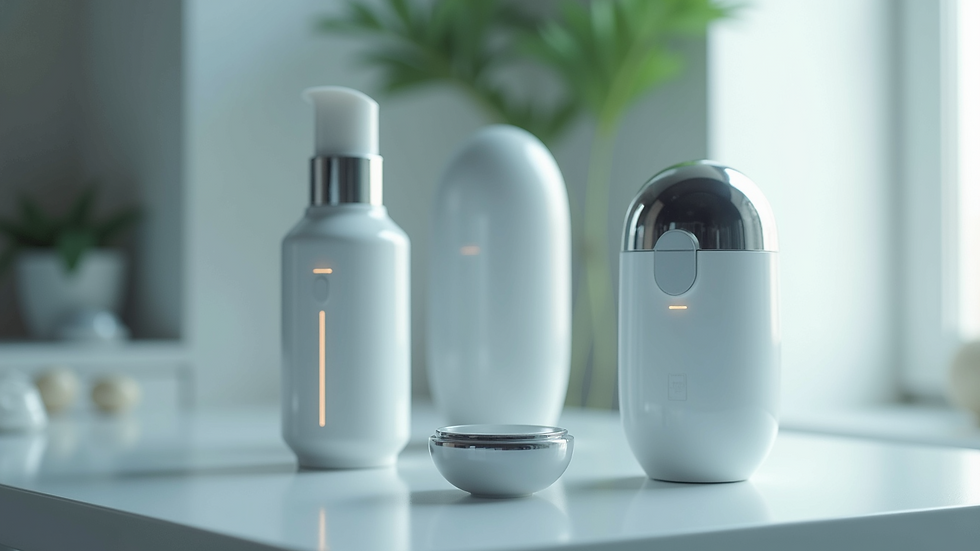 High angle view of futuristic skincare devices and AI interface on a sleek table