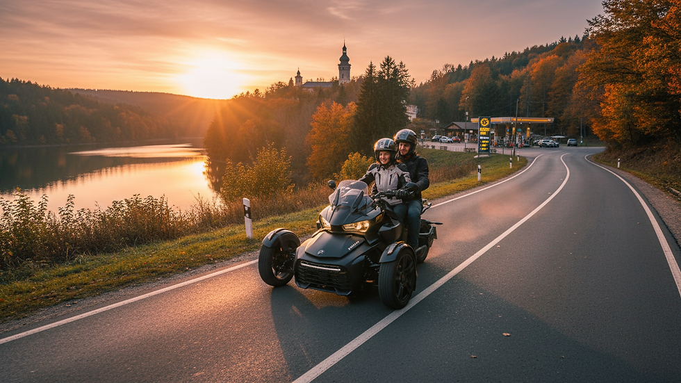 Eye-level view of Can-Am Ryker parked near a forest road in Ilfov