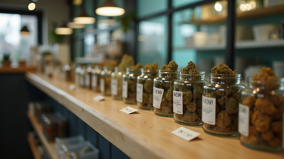 High angle view of cannabis products with price tags on a dispensary counter