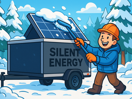 Illustration de style dessin animé représentant un homme souriant en train de déneiger les panneaux solaires d’une remorque Silent Energy en forêt enneigée. Il porte un casque orange, des gants et un manteau d’hiver. La remorque affiche uniquement les mots « Silent Energy » et est entourée d’arbres couverts de neige sous un ciel bleu clair.