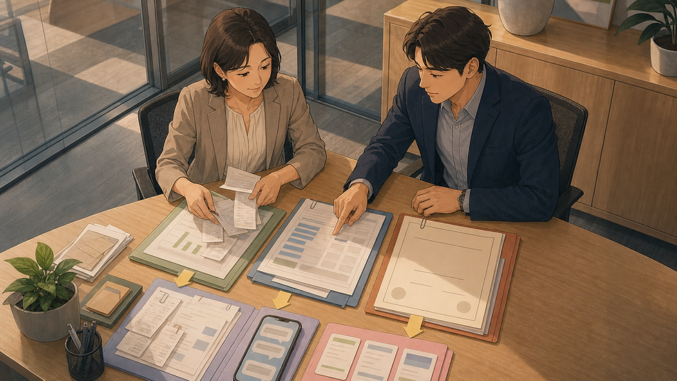 회계 전문가와 고객이 서명된 합의서, 대출 지시와 상환 및 보유비용 자료를 세 묶음으로 정리하는 장면
