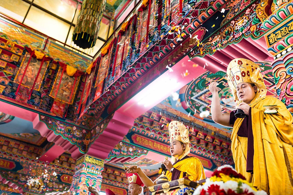 Two figures in gold ceremonial robes and tall hats stand beneath richly painted beams, one holding a bell and raising a hand amid falling petals — Nala Monastery, Kathmandu Valley, Nepal — November 2015 — From Nala - A Blessing Exchange — photograph by Tokpa Korlo