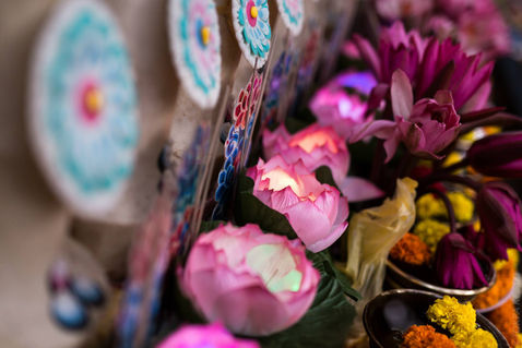 Pink lotus blossoms rest against richly embroidered ceremonial cloth — Bodh Gaya, Bihar, India — January 2015 — Seven Days Under The Tree - The Monlam Collection — photograph by Tokpa Korlo