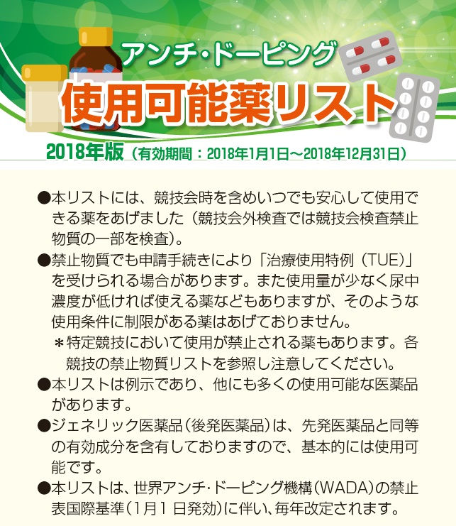 アンチ ドーピング使用可能薬リスト 18年版