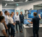 Unternehmensschulung in der Schweiz, bei der eine Trainerin oder ein Trainer einer Gruppe von Fachleuten Robotik- und KI-Technologien präsentiert.