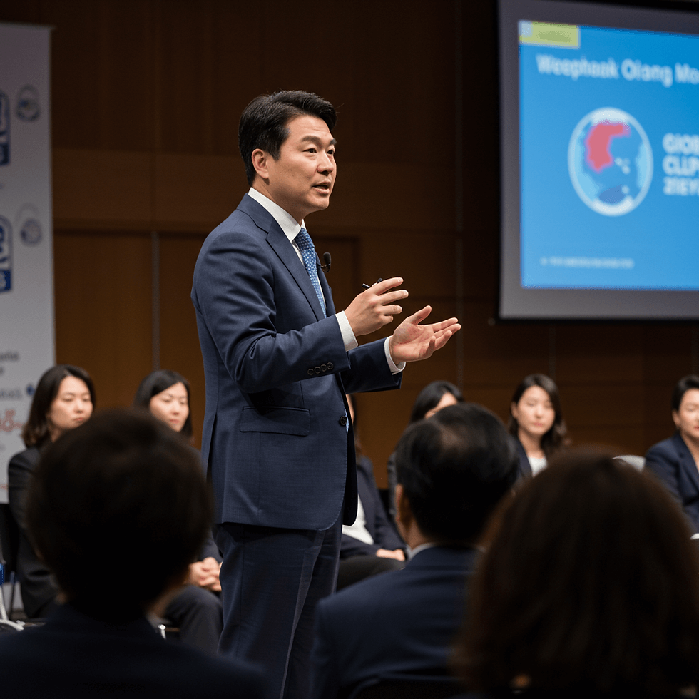 세계적 전문가와 함께 무대에서 발표하는 한국 비즈니스 전문가와 청중으로 참여하는 임원들