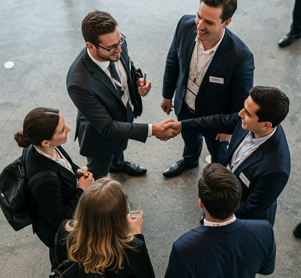 Business professionals in London connecting and networking during a leadership bootcamp, building relationships across industries.