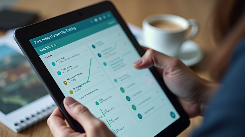 Close-up view of a tablet displaying personalized leadership training dashboard