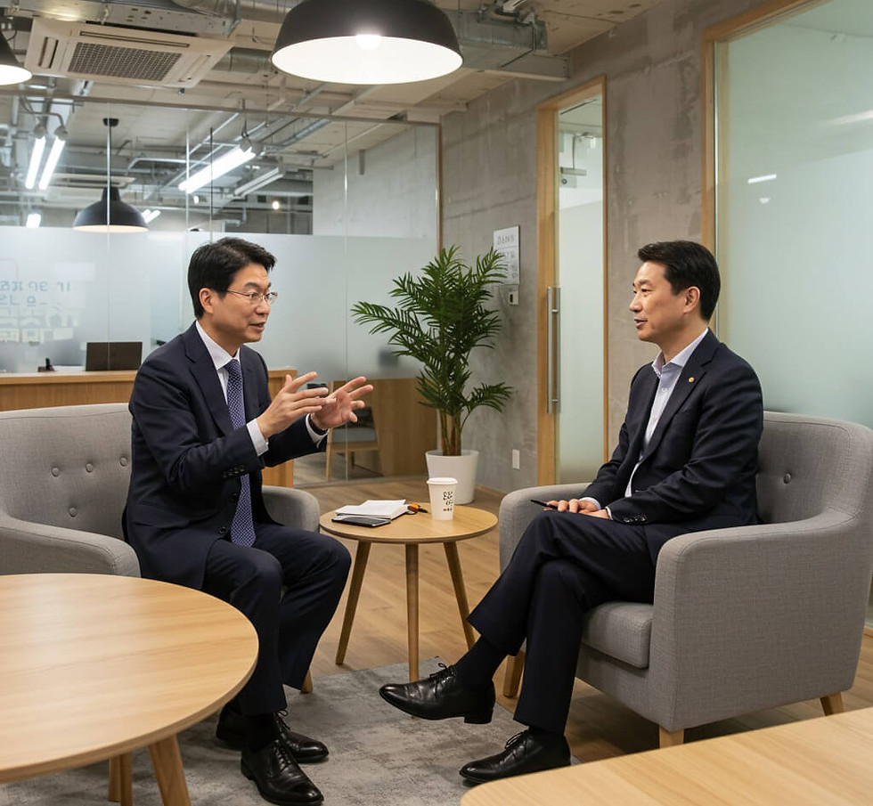 한국인 전문가들이 멘토링 세션에서 인턴십 자료를 검토하며 경력 개발 지원을 받는 모습