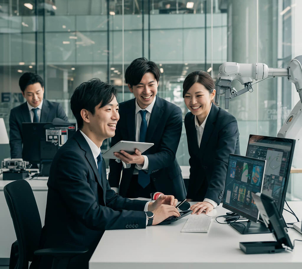 東京のイノベーション拠点で最先端技術を操作しながら協働する日本人ビジネスパーソン