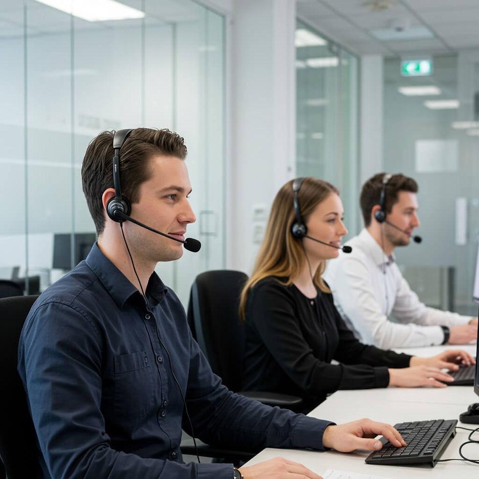 Drei Kundenservice-Mitarbeiter in einem modernen deutschen Büro, gestaffelt von vorne nach hinten und nach links gerichtet, symbolisieren die Erreichbarkeit und Kommunikation von NobleCamps Deutschland.