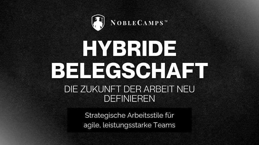 Text auf schwarzem Hintergrund: NobleCamps, Hybride Belegschaft, Die Zukunft der Arbeit neu definieren. Fokus auf strategische Arbeitsstile für leistungsstarke Teams.