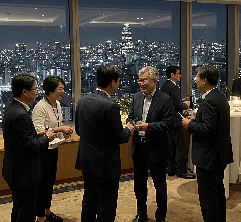 서울 야경을 배경으로 한국 및 글로벌 임원들이 명함을 교환하며 네트워킹하는 모습