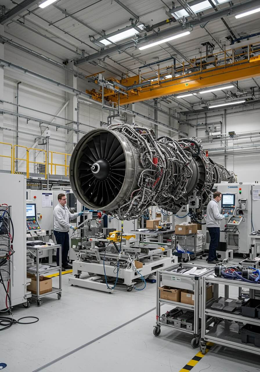 UK aerospace and biotech innovation — engineers working on advanced aircraft engine in a modern manufacturing facility.