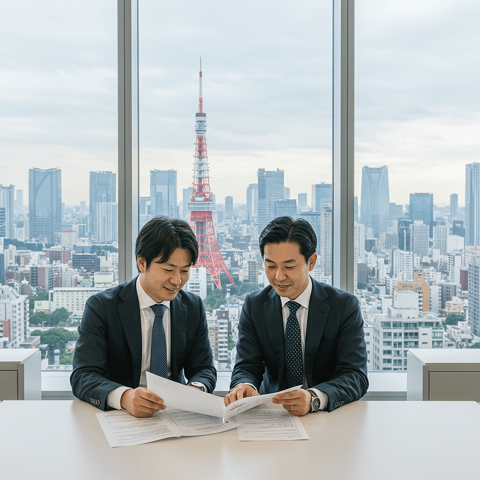 東京のオフィスで資料を確認する日本人ビジネスリーダー。背景に東京の高層ビル群。