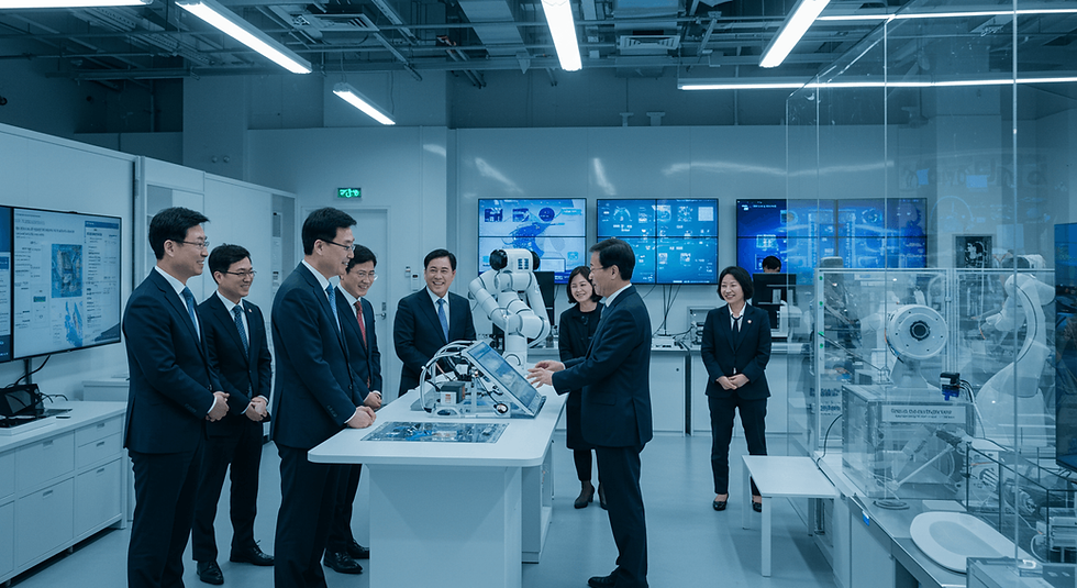 판교 테크노밸리 혁신 허브에서 로봇·반도체 장비 시연을 둘러보는 한국인 임원들 — 아웃바운드 부트캠프