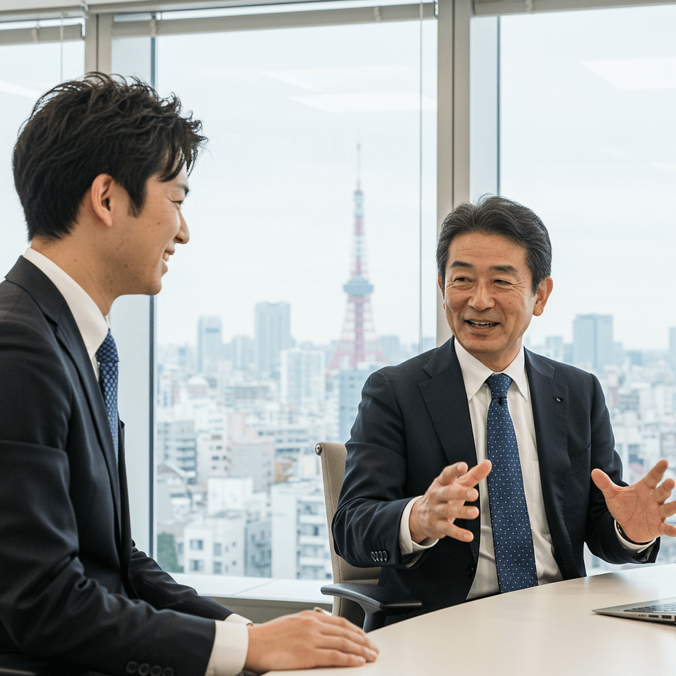 日本の若手ビジネスパーソンが上司から指導を受け、キャリア開発を進めるブートキャンプ研修の場面