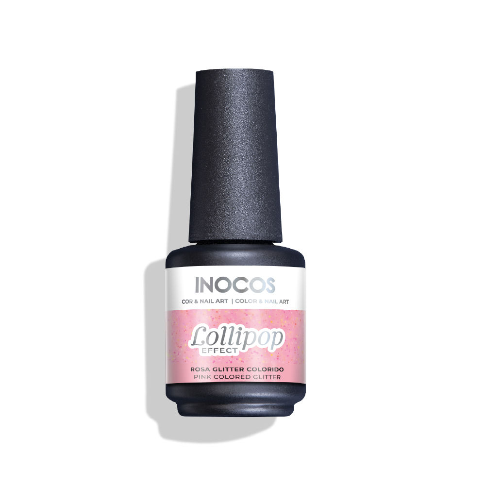 Verniz Gel INOCOS Efeito Lollipop Rosa Glitter Colorido