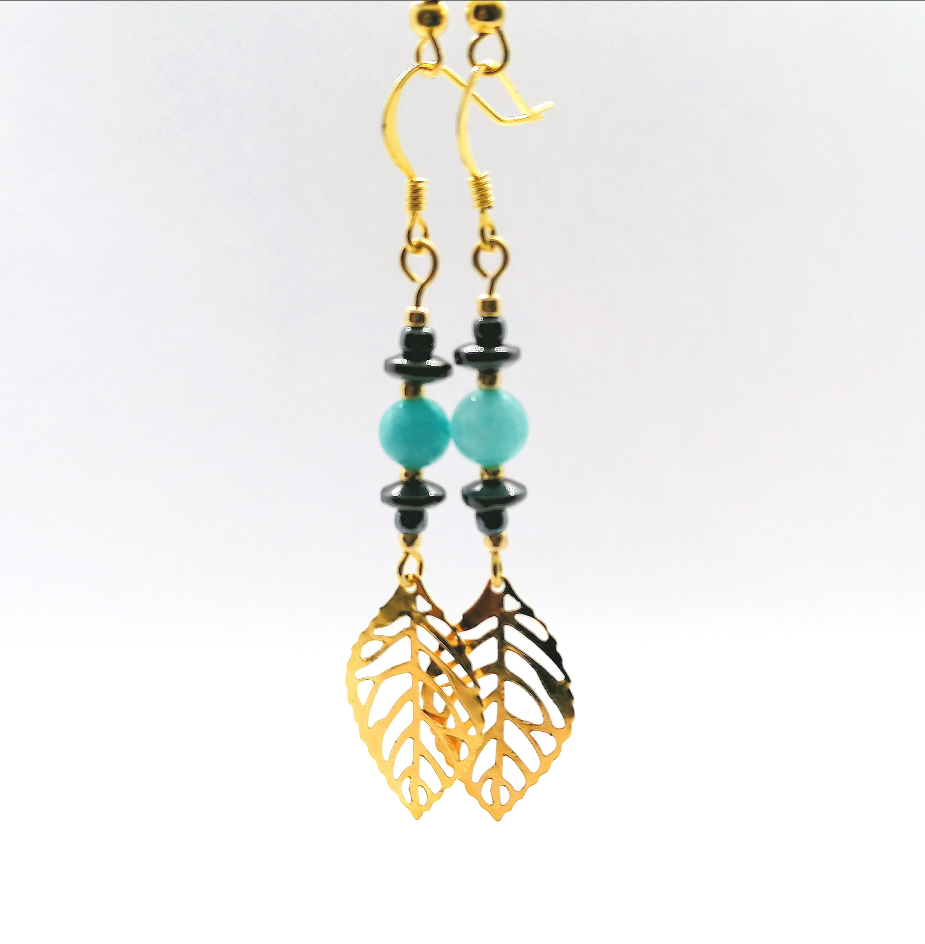 Azure Jade + Hematite Gold Leaf Earrings