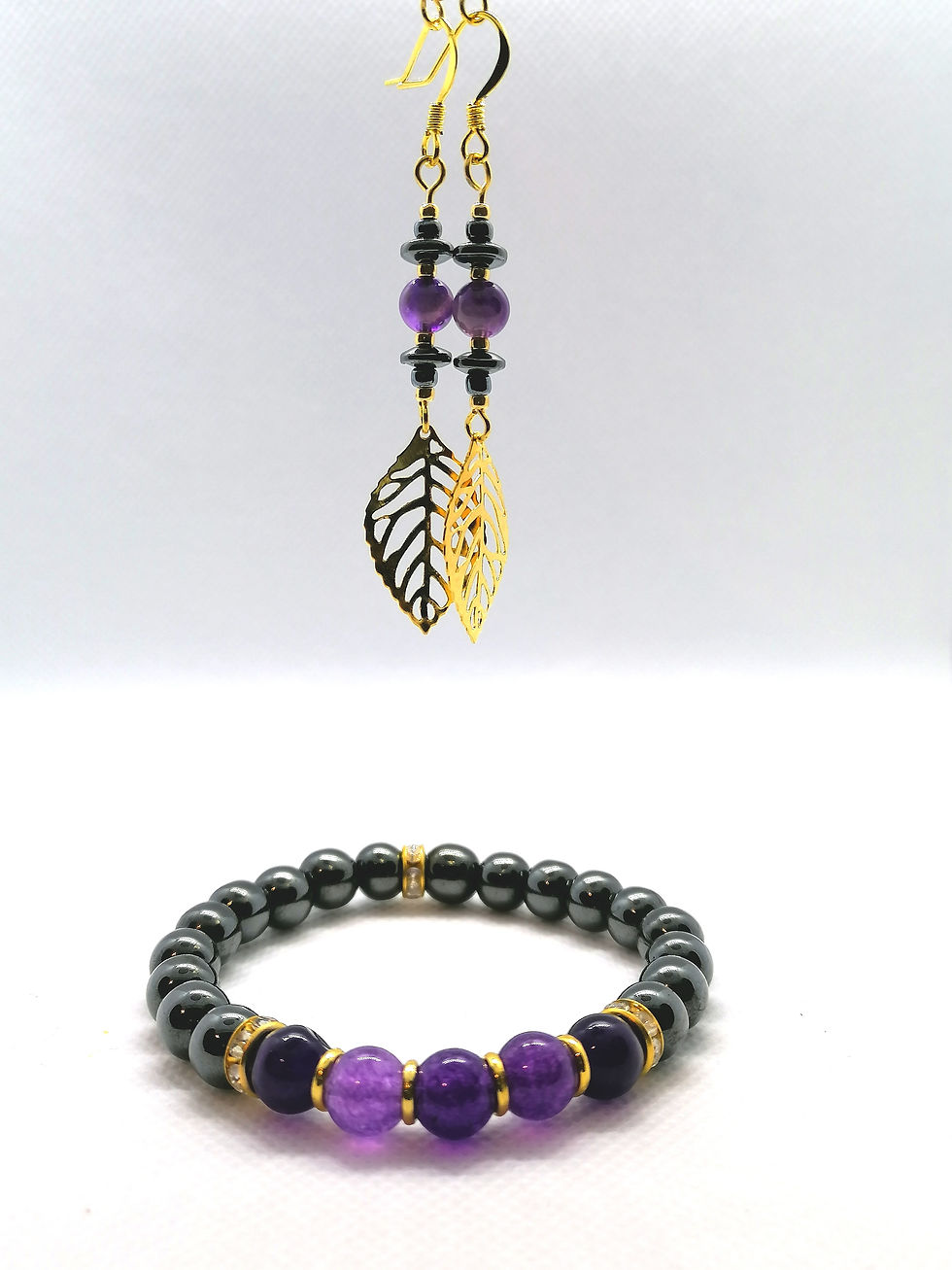 Thumbnail: Amethyst + Hematite Gold Filigree Leaf Earrings